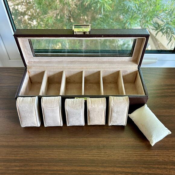 Vintage Brown Faux Leather 6 Slot Watch Box with Glass Lid and Cushions - Picture 4 of 16